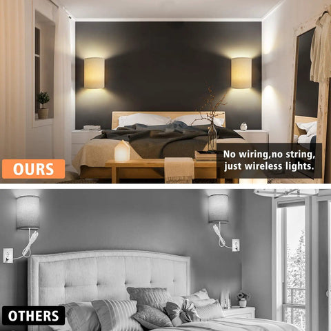 Comparison of wireless wall sconces with fabric shade in a modern bedroom and wired sconces in a grayscale bedroom.