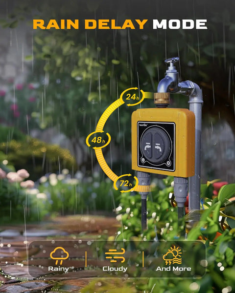 Smart WiFi Hose Timer With Brass Inlet And Dual Outlet Sprinkler Controller Weather Based Auto Irrigation That Skips Rainy Days App And Voice Control Soil Moisture Or Quantity Sensing For Your Yard, rain delay mode