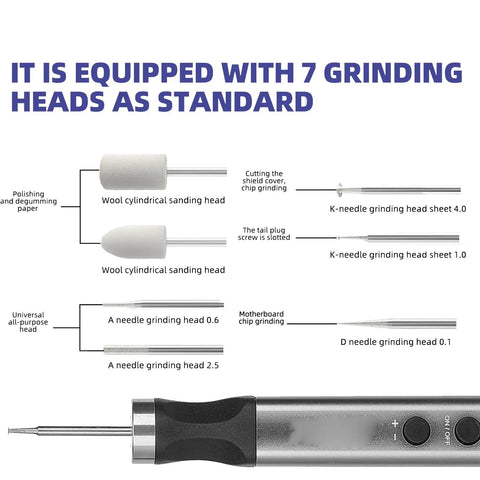 Premium Mini Cordless Rotary Grinder With Five Speed Settings For Cell Phone And PCB Repair Type C Quick Charge Craft Tool Kit showing 7 grinding heads for versatile use.