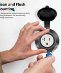 Heavy Duty 15A 20A Flanged Outlet NEMA 5-20 Female Receptacle With Weather Cover For Shore Power RVs Truck Bed Block Heater Indoor Outdoor Use ETL Listed flush-mounted black outlet with cover
