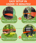 65 Foot Backyard Ninja Zipline And Slackline Kit setup steps with tension line, tightening, ratchet, and pulley installation