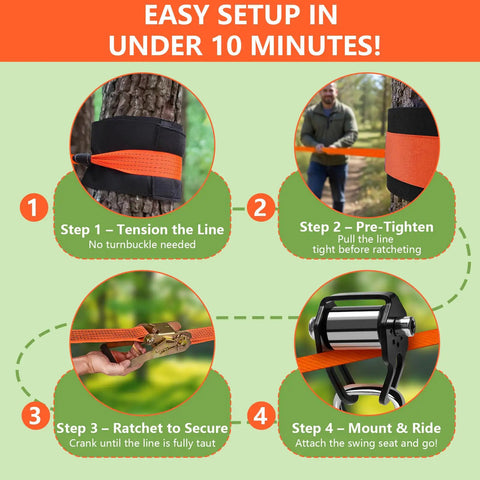 65 Foot Backyard Ninja Zipline And Slackline Kit setup steps with tension line, tightening, ratchet, and pulley installation