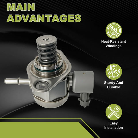 High Pressure Fuel Pump For Ford Focus 2.0L 2013-2018 Police Sedan Escape Fusion Taurus Edge Explorer Lincoln MKC MKT MKZ AG9Z-9350-B M73123 Replacement Part With Easy Install And Plug And Play displayed with main advantages on a black background.