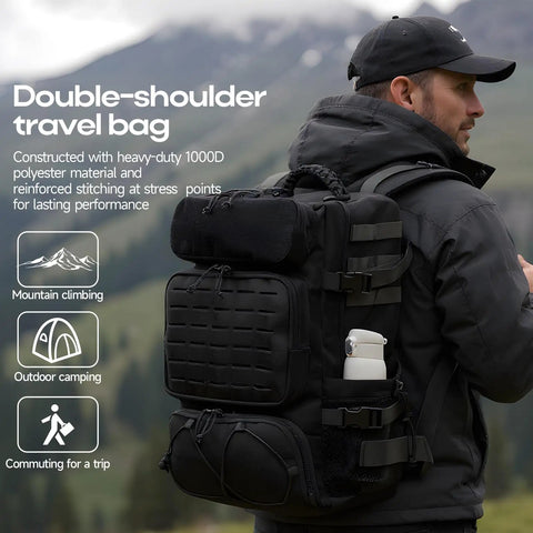 Man wearing 35L Tactical Backpack With Shoe Compartment For Men, 1000D Water Resistant MOLLE Rucksack in black outdoors