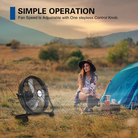 Go-To 16 Inch Rechargeable Outdoor Floor Fan With 15,600mAh Battery next to woman sitting near a tent in a field