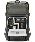 Flipside Trek BP 450 AW Camera Backpack With All Weather Cover showing organized camera gear compartments, grey and dark green design