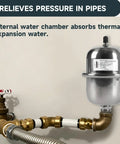 Mini Thermal Expansion Tank 0.5L Stainless Steel Water Hammer Arrestor with Half Inch Mnpt Threads installed on plumbing.