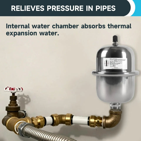 Mini Thermal Expansion Tank 0.5L Stainless Steel Water Hammer Arrestor with Half Inch Mnpt Threads installed on plumbing.