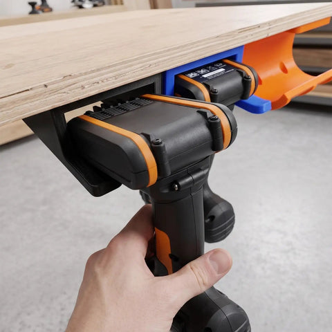 Hand Drill To Drill Press Upgrade Conversion Mount For Accurate Woodworking Drilling in use with wooden workpiece.