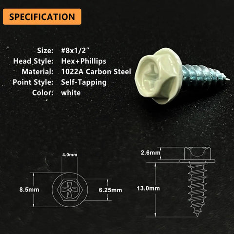 Built Tough Self Tapping Gutter Screws With White Painted Hex Heads And Corrosion Resistant Zinc Plating For No Sweat Downspout Repairs Comes With A Handy Quarter Inch Magnetic Bit In A Rock Solid Hundred Piece Pack on black background with measurement specs.