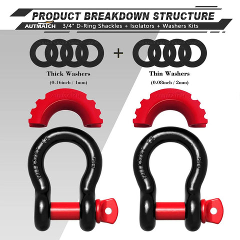 Three Quarter Inch D Ring Shackle Two Pack Beefed Up Heavy Duty Tow Winch Recovery Gear With Seven Eighths Inch Screw Pin Shackle Isolators And Washers Kit For Off Road Vehicles Black And Red Finish Break Strength Up To 10,471 Pounds, showing breakdown of shackles, isolators, and washers.