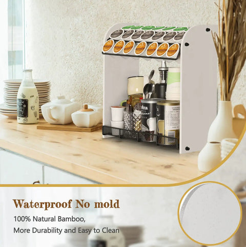 Large Capacity K Cup Holder And Coffee Pod Organizer For Home Office And Kitchen Counter Storage Holds 28 Pods On Top Plus Space For Extra Cups And Accessories Keeps Your Coffee Bar Neat And Ready For Busy Mornings in bamboo material on kitchen counter