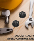 Universal Black Fan Control Knobs 10 Pack Replacement Caps for Floor Fans in Warehouse and Office Use Durable Plastic Construction Built to Last with Smooth Rotary Control and Easy Grip for Tough as Nails Heavy Duty Everyday Cooling. Black plastic fan speed knob shown with tools on wood surface