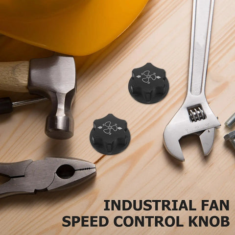 Universal Black Fan Control Knobs 10 Pack Replacement Caps for Floor Fans in Warehouse and Office Use Durable Plastic Construction Built to Last with Smooth Rotary Control and Easy Grip for Tough as Nails Heavy Duty Everyday Cooling. Black plastic fan speed knob shown with tools on wood surface