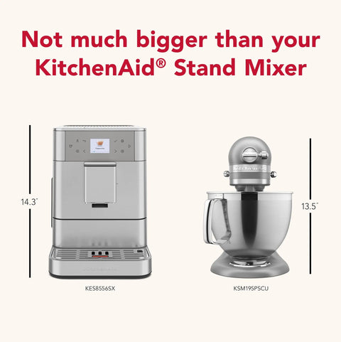 Premium Stainless Steel Fully Automatic Espresso Maker With 15 Signature Drink Recipes Removable Bean Hopper And Easy Touch Controls For Hella Smooth Morning Cup Of Joe with KitchenAid Stand Mixer for size comparison.