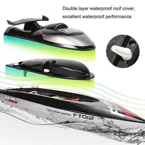 Eighteen Inch Brushless RC Speed Boat With Two Four GHz Remote Control Four Wheel Drive Watercraft showing waterproof design