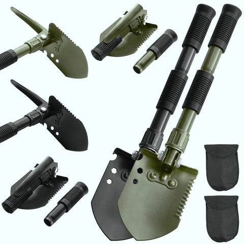Ultra Portable Folding Camping Shovel With Carbon Steel Build, Do It All Survival Tool With Accessories, 2 Pack, shown with cases