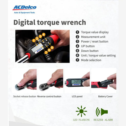 Digital Torque Wrench With LED Alarm And Buzzer, 2 To 37 Foot Pounds Range, Three Eighths Inch Drive, LCD Display, ISO 6789 Certified
