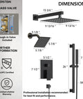 EVERSTEIN Shower System with Handheld Spray, dimensions of the matte black faucet set, including valve and shower heads.
