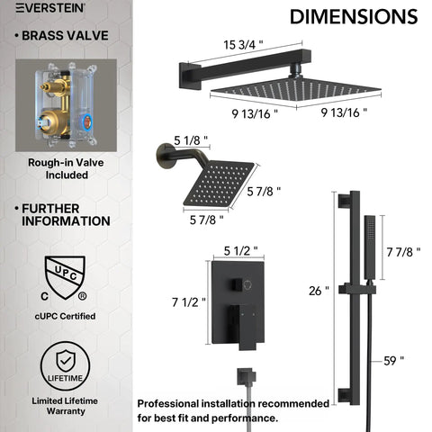 EVERSTEIN Shower System with Handheld Spray, dimensions of the matte black faucet set, including valve and shower heads.