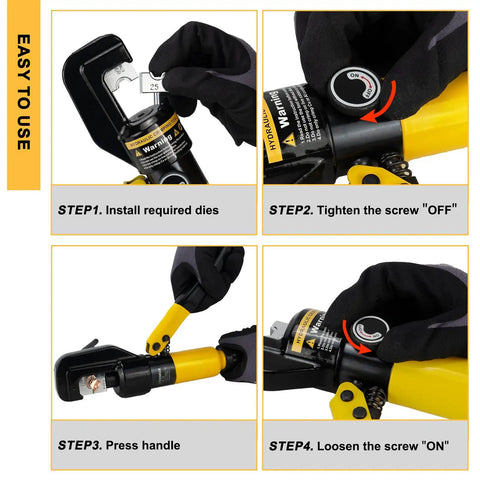 Step-by-step use of Beefy 10 Ton Hydraulic Crimping Tool Set For 12 AWG To 00 Cable With 9 Hex Dies Battery Cable Crimper Kit
