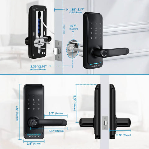 Keyless Entry Digital Door Lock For Front Door With Fingerprint And Passcode App Control And Remote Unlock Key Fob And Alexa Voice Unlock No Fuss Easy Installation Black shown with dimensions and fitting details.