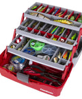Three-Tray Tackle Box With Cantilever Design For Easy Access Large Portable Fishing Lure Storage Organizer With 32 Compartments And Removable Dividers Flip-Top Lid For Accessories Red And Gray, shown open with various fishing accessories visible in compartments and trays.