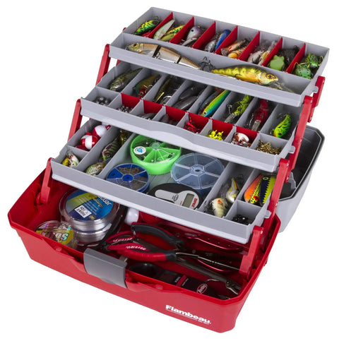 Three-Tray Tackle Box With Cantilever Design For Easy Access Large Portable Fishing Lure Storage Organizer With 32 Compartments And Removable Dividers Flip-Top Lid For Accessories Red And Gray, shown open with various fishing accessories visible in compartments and trays.
