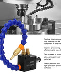 Shop Tough Dual Action Mist Coolant Lubrication System For CNC Milling Machines And Lathe Grinders With Adjustable Spray Cooling To Crush Heat Buildup And Clear Chips, blue flexible nozzle and control valve for coolant application.