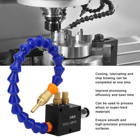 Shop Tough Dual Action Mist Coolant Lubrication System For CNC Milling Machines And Lathe Grinders With Adjustable Spray Cooling To Crush Heat Buildup And Clear Chips, blue flexible nozzle and control valve for coolant application.