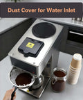Heavy Duty 1610W 12 Cup Drip Coffee Maker Workhorse with dust cover and funnel, shown in a kitchen setting