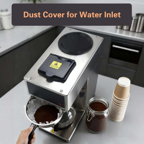 Heavy Duty 1610W 12 Cup Drip Coffee Maker Workhorse with dust cover and funnel, shown in a kitchen setting