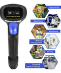 USB 1D Barcode Scanner Handheld Wired CCD Reader For Screen Scanning shown with various use cases in retail and logistics.