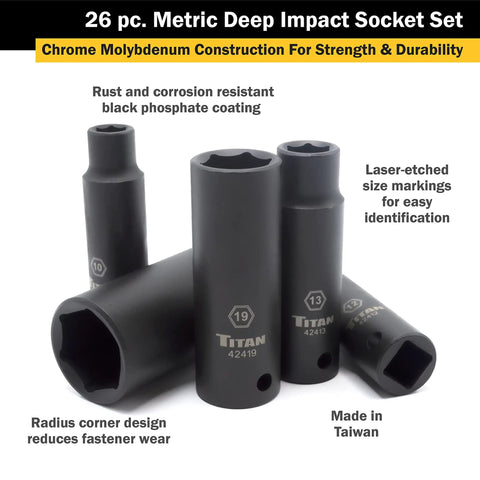 Half Inch Drive Deep Impact Socket Set 26 Piece, Metric Sockets, Chromemoly Construction, Laser Etched Size Markings