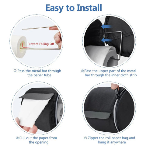 Installation steps for waterproof hanging toilet paper holder showing metal bar insertion and zipper closure.