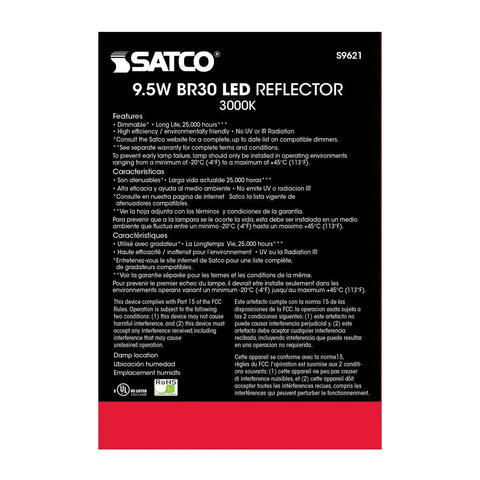 Packaging of 9.5W BR30 LED Reflector 3000K with product features in multiple languages, Satco branding visible