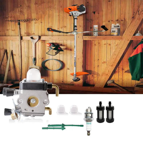 Stihl Carburetor Repair Kit For FS45 FS46 FS55 HL45 KM55 Weed Eater Trimmer Replacement C1Q S66 S71 Compatible With OEM 4140 120 0612 4140 120 0619 DIY Ready Plug And Play Direct Fit Replacement For Stihl String Trimmers And Edgers with visible components and trimmer in background