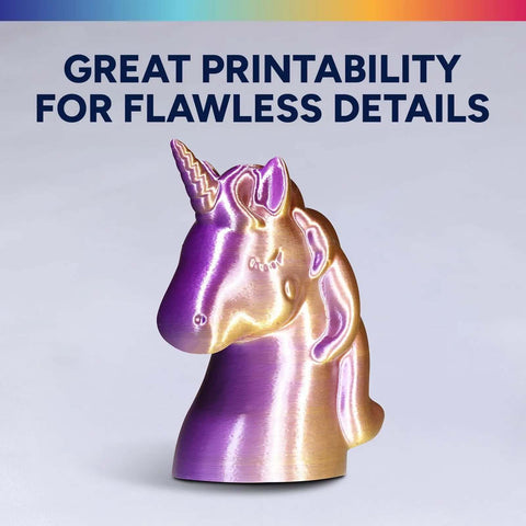 Silk Dual Color PLA Filament 1.75mm Bi Color Glossy Shiny Finish unicorn print in gold and silver with great details