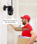 Outdoor Security Camera 1080P HD WiFi Pan Tilt 360 View With Night Vision And Two Way Audio on wall with delivery interaction