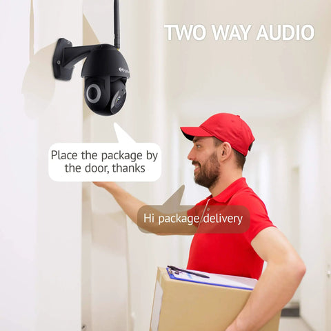 Outdoor Security Camera 1080P HD WiFi Pan Tilt 360 View With Night Vision And Two Way Audio on wall with delivery interaction