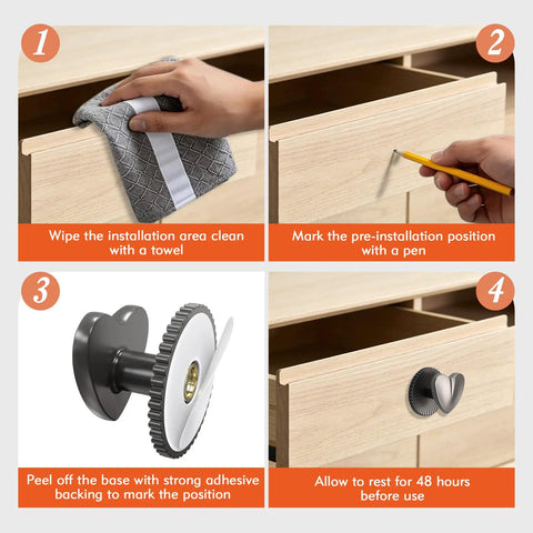 Installation steps for Two Pack Self Adhesive Heart Shaped Cabinet Knobs Zinc Alloy Drawer Pulls on wooden dresser drawer.