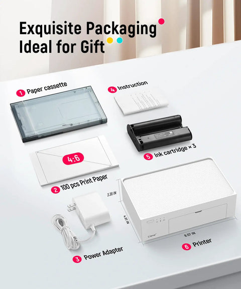 4x6 Portable Photo Printer For iPhone And Android With Wi Fi Full Color Dye Sublimation Instant Photo Printing On The Go Snap And Share Ready Compact Pocket Size Printer Includes 100 Sheets And 3 Cartridges, with paper cassette, power adapter, and ink cartridges displayed.