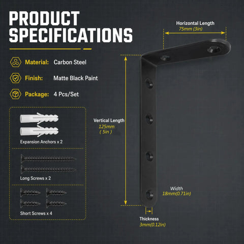 Top Notch Rock Solid Heavy Duty Black Cold Rolled Steel L Brackets 5 X 3 Inch specifications with screws for storage.