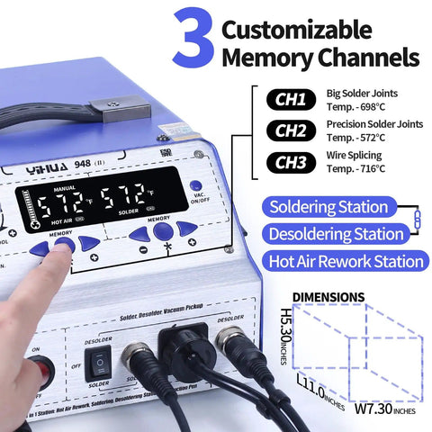 Do It All Four In One Soldering And Desoldering Kit with customizable memory, featuring soldering and hot air rework stations.