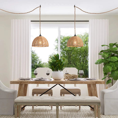 2 Pack Rattan Plug In Pendant Lights With On Off Switch Vintage Farmhouse hanging over dining table
