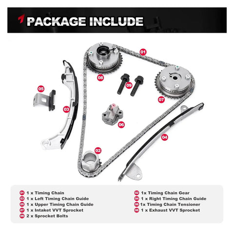 Heavy Duty Timing Chain Kit With Guides For Toyota Camry Highlander RAV4 Sienna Avalon And Venzas 2.5L 2.7L Engine package contents