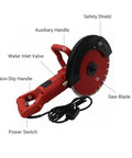 Top Shelf 14 Inch Electric Circular Concrete Saw 3500W Powerhouse Masonry Cutter showing safety shield, saw blade, and non-slip handle.