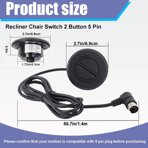 Durable 2 Button 5 Pin Power Recliner Hand Control Replacement With 90 Degree Plug For Tight Spaces Ergonomic Lift Chair Remote Space Saving Angled Connector Universal Compatibility ABS Plastic Built To Last. 56.7in cable