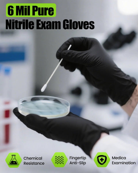 TreeGo 6 Mil black nitrile gloves, medium size, disposable lab/cleaning use