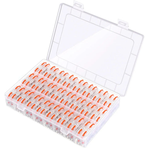 100 Pcs Inline Wire Connectors Kit With Lever for Quick Wiring 28 to 12 AWG in an open storage box showing connectors